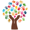 Das Logo zeigt eine Illustration eines Baumes dessen Stamm und die Blätter Hände darstellen.